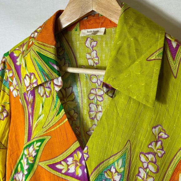 Haute Hippie Green Orange Orchid Floral Print Collared LS Cropped Wrap Top Sz S - Picture 4 of 16